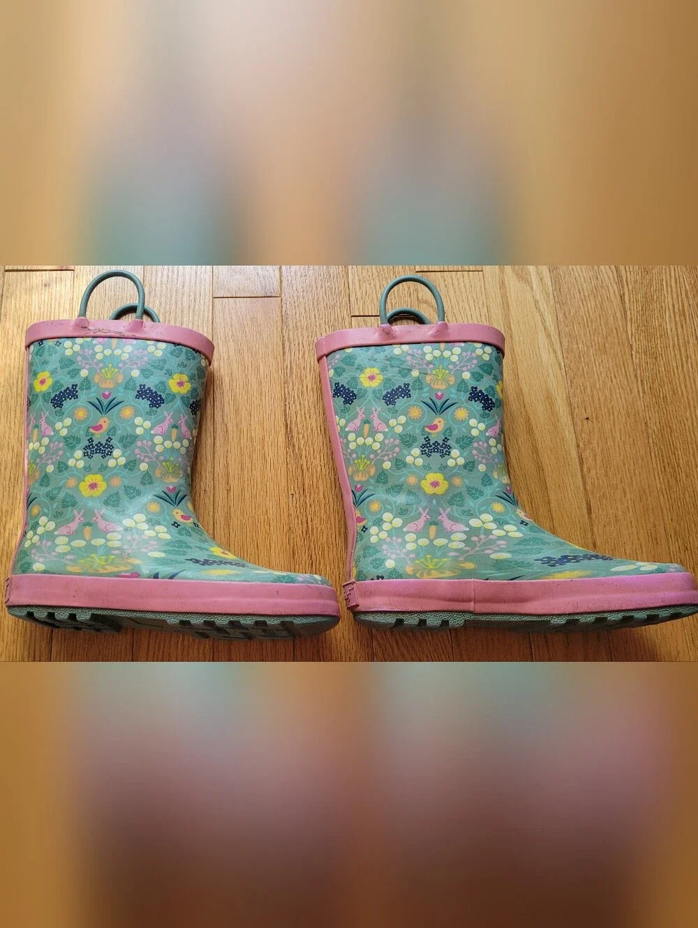 Girls' Floral Teal & Pink Landchief Rain Boots SIZE 1